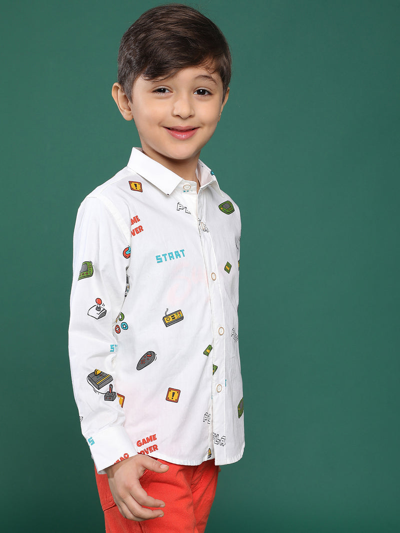 Boys White Printed Cotton Shirt