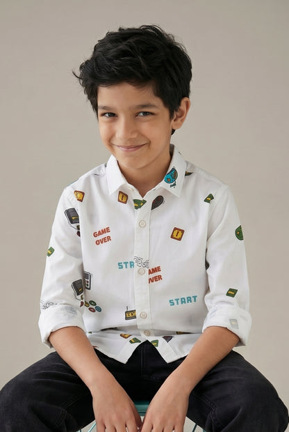 Boys White Printed Cotton Shirt
