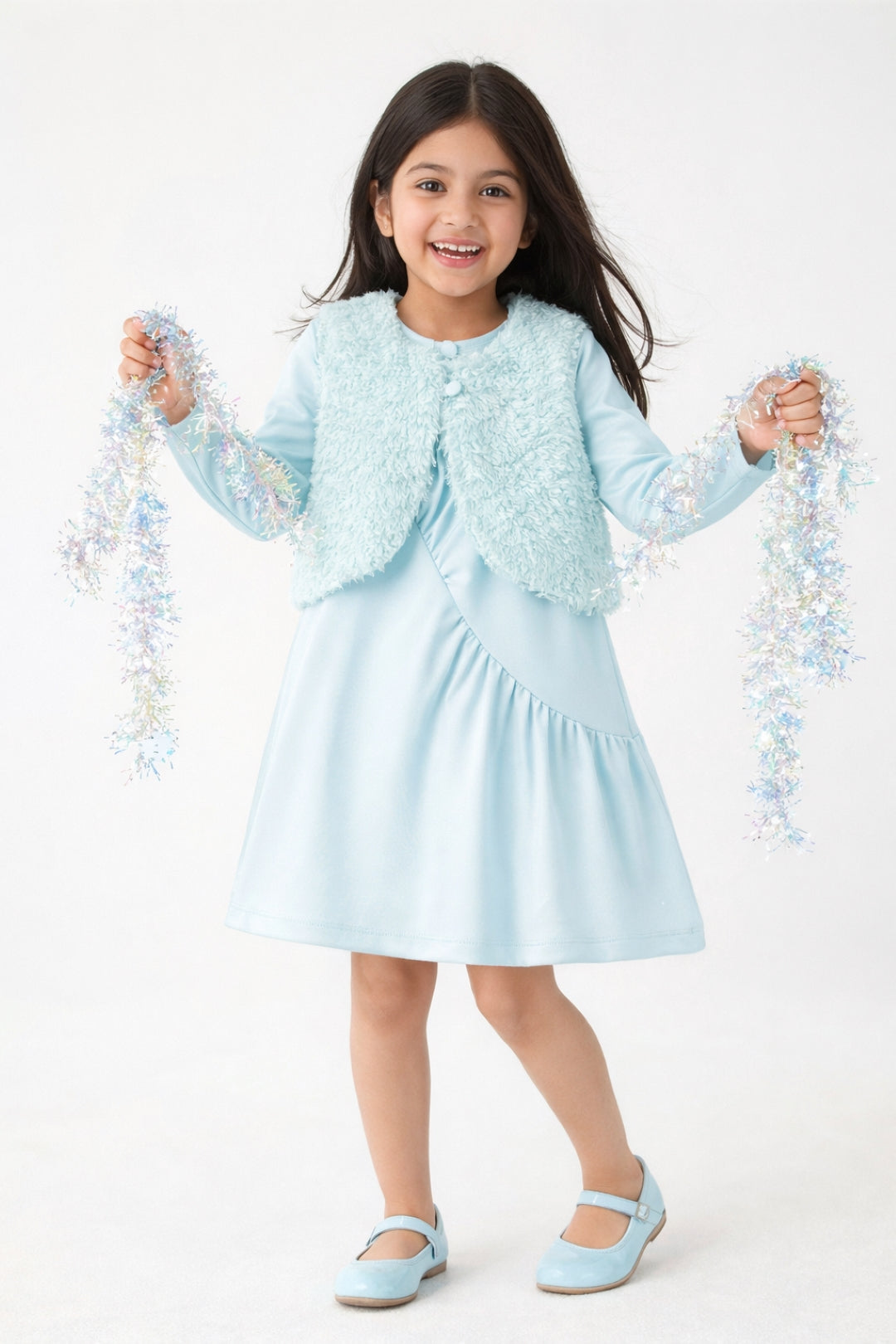 Girls Sky Blue Full sleeves Solid Dress with Jacket
