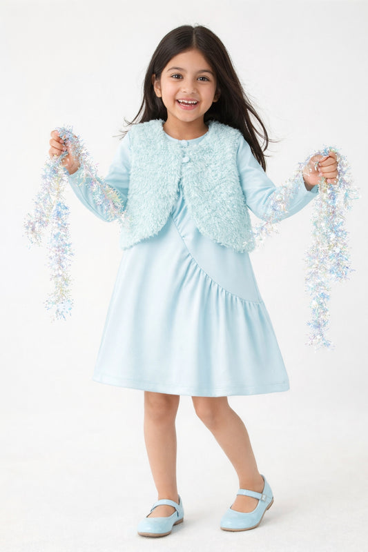 Girls Sky Blue Full sleeves Solid Dress with Jacket