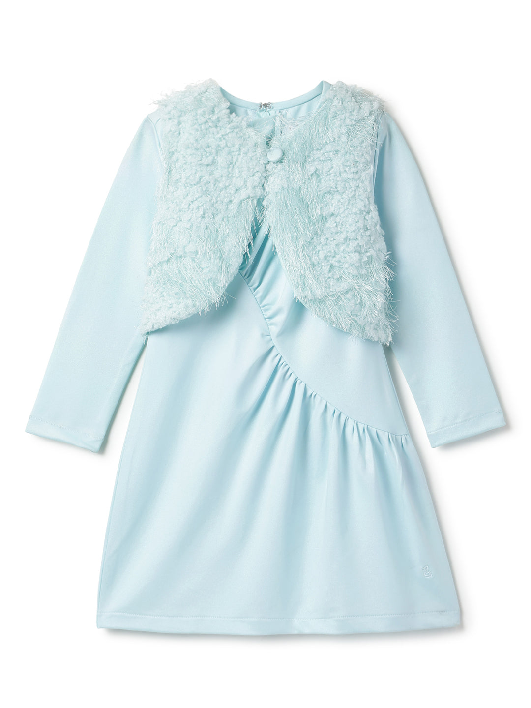 Girls Sky Blue Full sleeves Solid Dress with Jacket