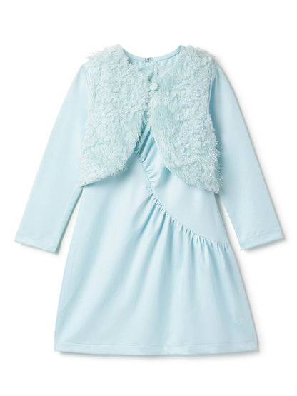 Girls Sky Blue Full sleeves Solid Dress with Jacket