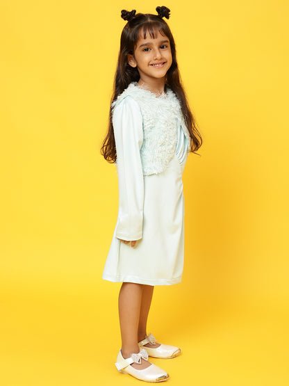 Girls Sky Blue Full sleeves Solid Dress with Jacket