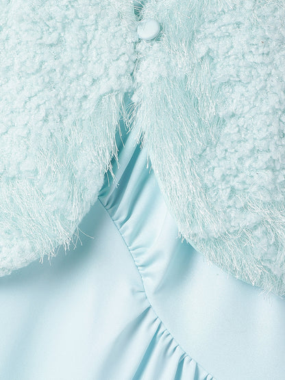Girls Sky Blue Full sleeves Solid Dress with Jacket