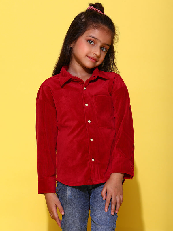 Girls Maroon Polyester Full Sleeves Oversized Solid Shirt