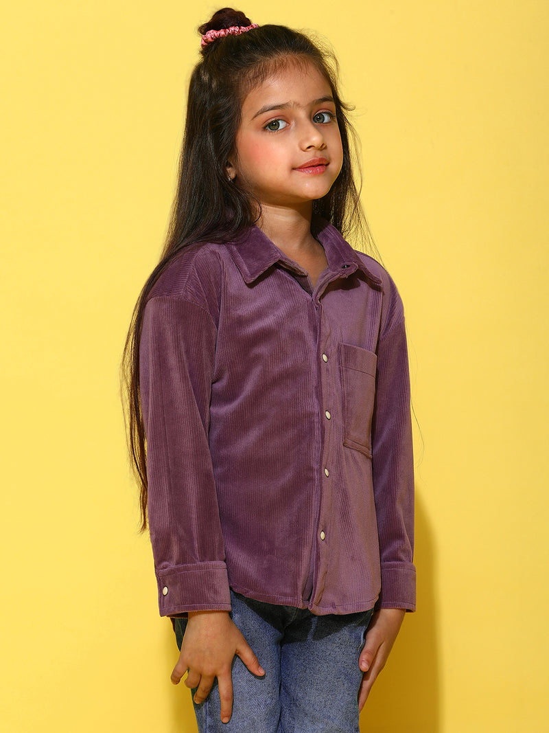 Girls Purple Polyester Full Sleeves Oversized Solid Shirt