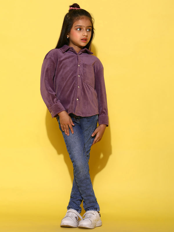 Girls Purple Polyester Full Sleeves Oversized Solid Shirt