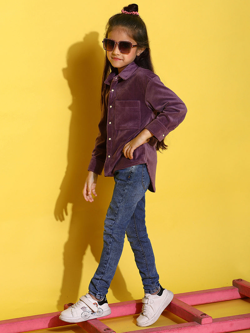 Girls Purple Polyester Full Sleeves Oversized Solid Shirt