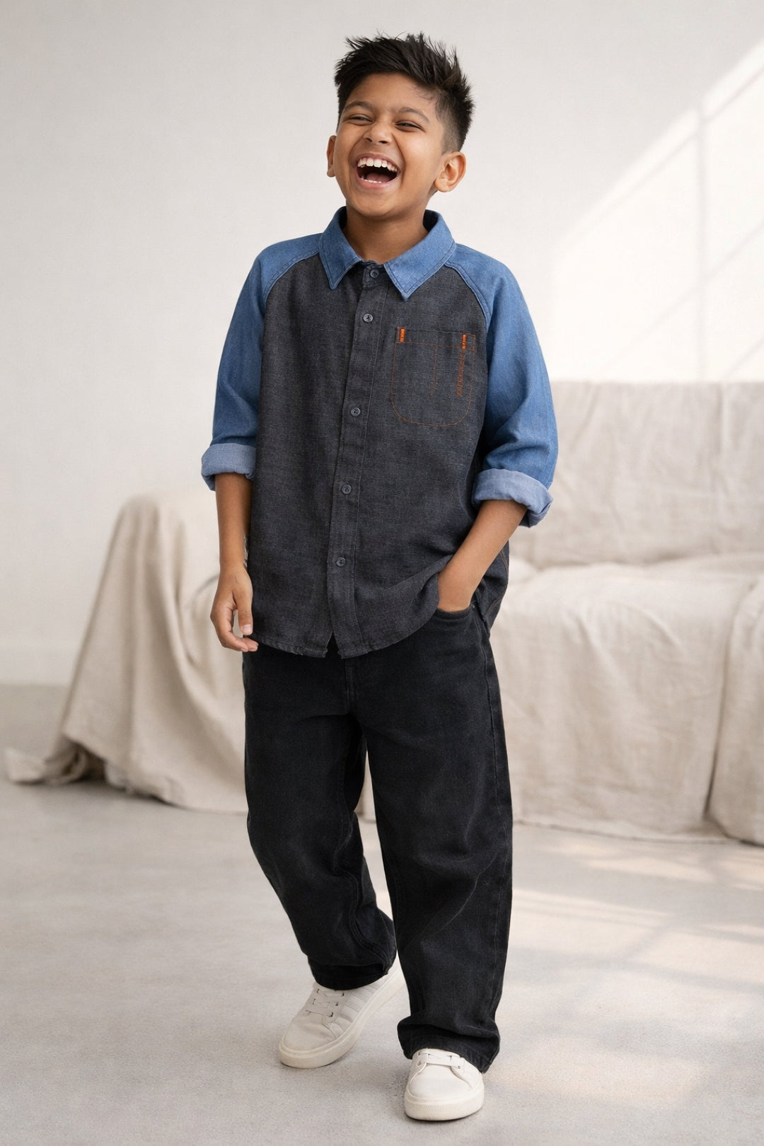 Boys Blue & Black Solid Cotton Shirt