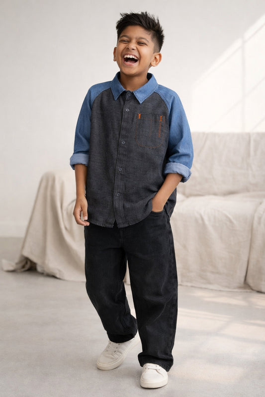 Boys Blue & Black Solid Cotton Shirt