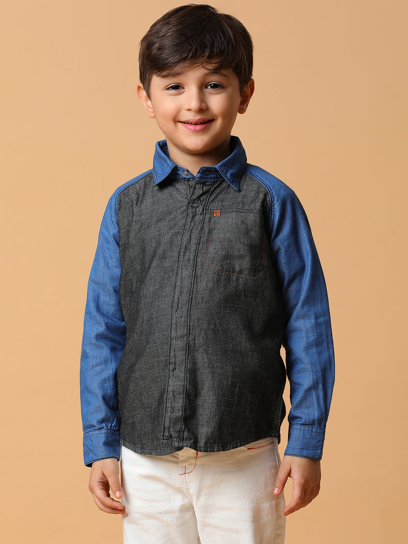 Boys Blue & Black Solid Cotton Shirt