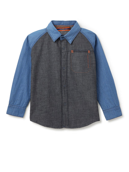 Boys Blue & Black Solid Cotton Shirt