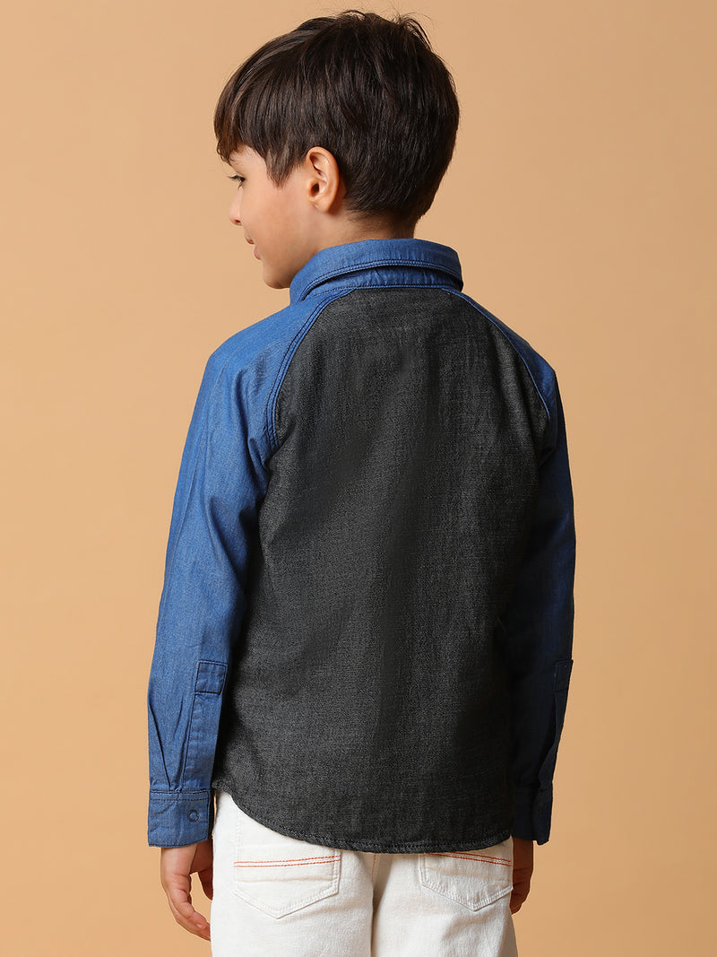 Boys Blue & Black Solid Cotton Shirt