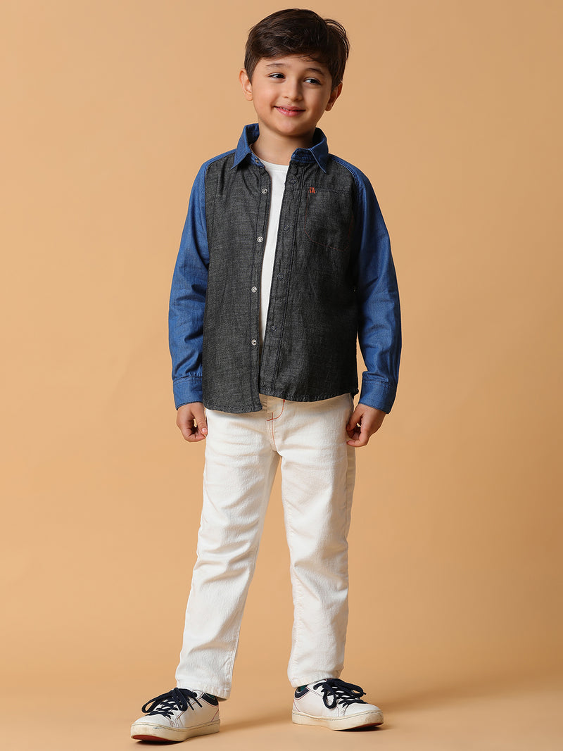 Boys Blue & Black Solid Cotton Shirt