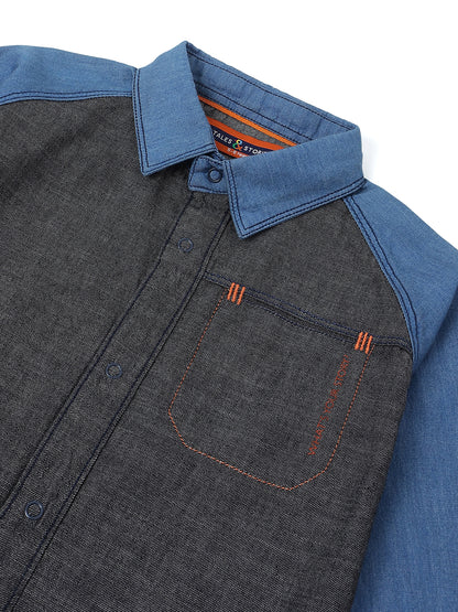 Boys Blue & Black Solid Cotton Shirt