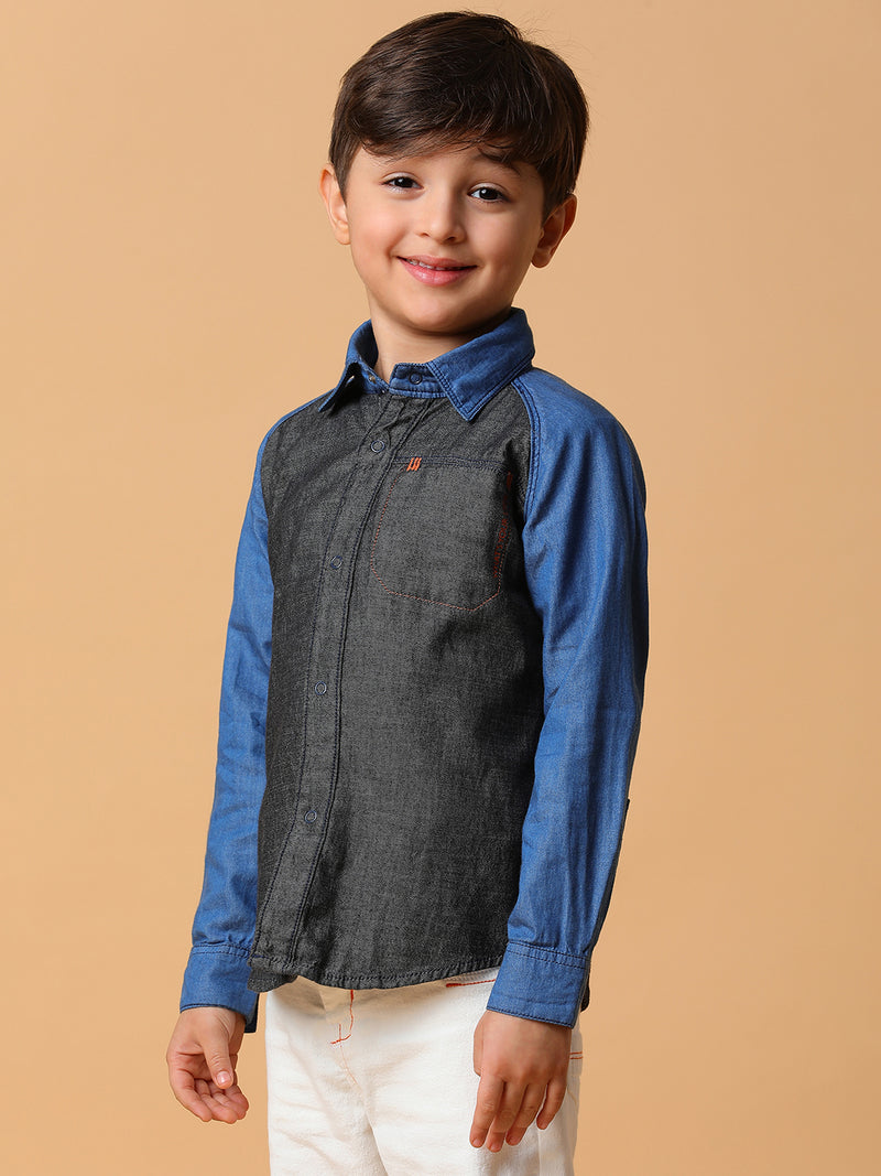 Boys Blue & Black Solid Cotton Shirt