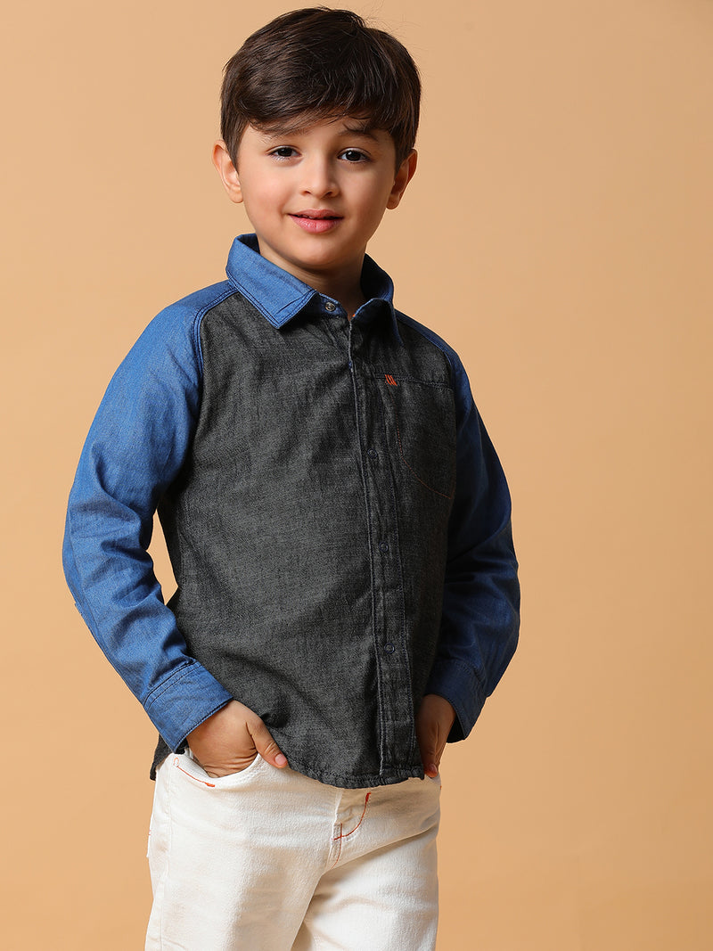 Boys Blue & Black Solid Cotton Shirt