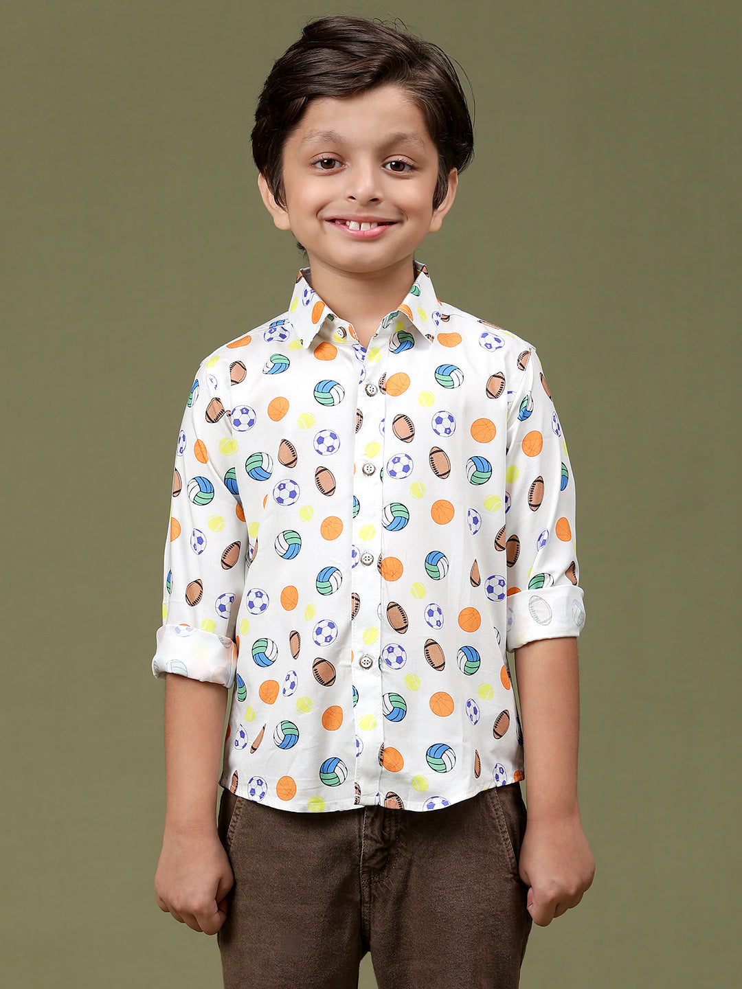 Boys Off White Rayon Printed Regular Fit Shirt