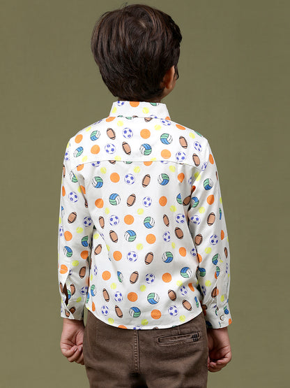 Boys Off White Rayon Printed Regular Fit Shirt