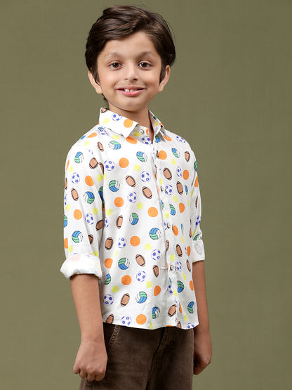 Boys Off White Rayon Printed Regular Fit Shirt