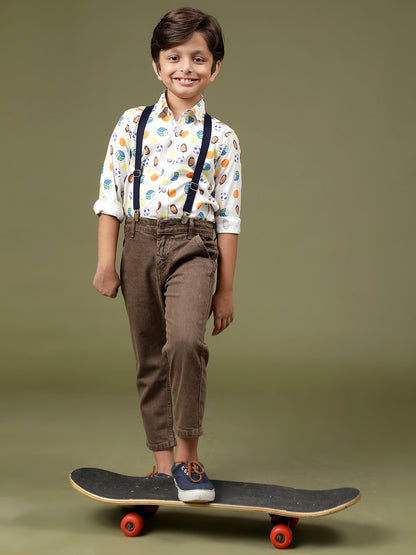 Boys Off White Rayon Printed Regular Fit Shirt