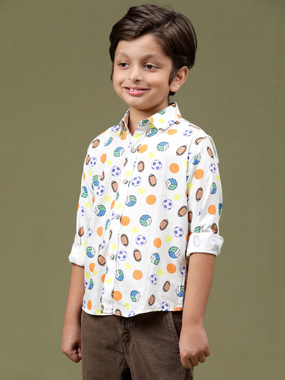 Boys Off White Rayon Printed Regular Fit Shirt