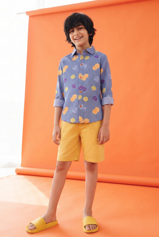 Boys Navy Blue Rayon Printed Regular Fit Shirt