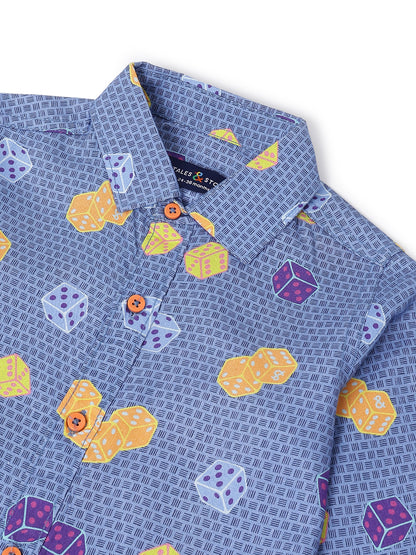 Boys Navy Blue Rayon Printed Regular Fit Shirt