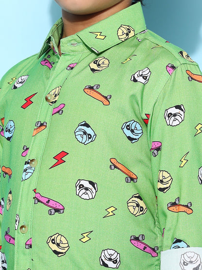Boys Green Rayon Printed Regular Fit Shirt