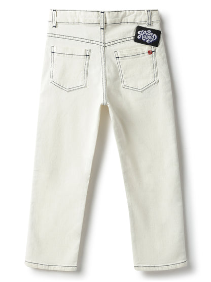 Boys Cotton Black Shirt With Off White Denim Solid Slim Fit Jeans