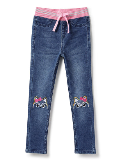 Girls Dark Blue Slim Fit Lycra Washed Jegging