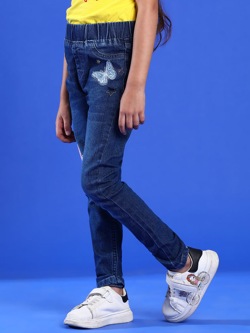 Girls Dark Blue Slim Fit Lycra Washed Jegging