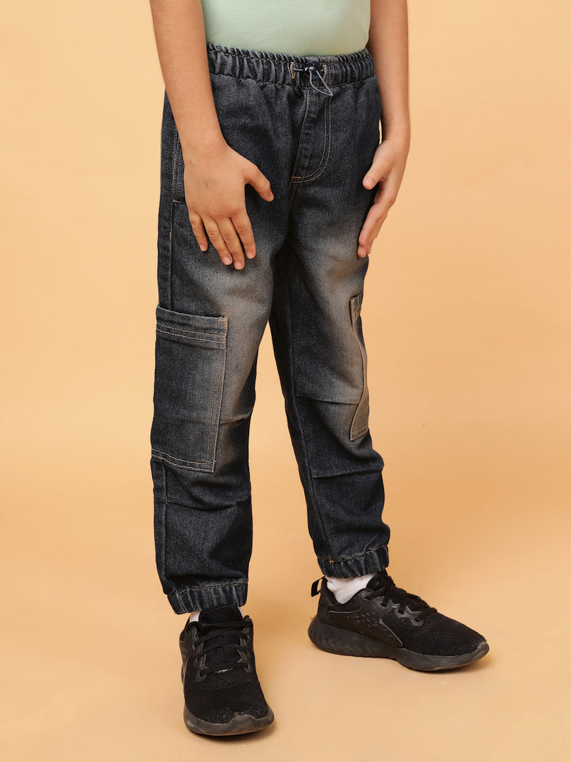 Boys Dark Blue Washed Cotton Poly Parachute Pant