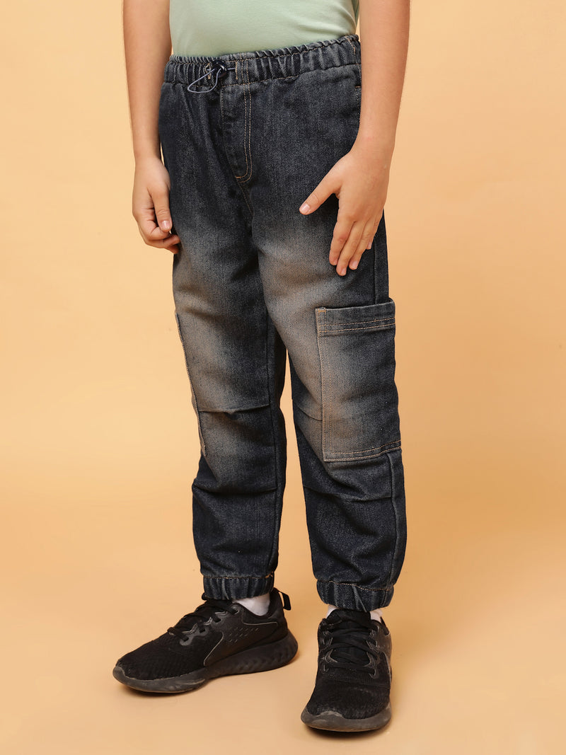 Boys Dark Blue Washed Cotton Poly Parachute Pant