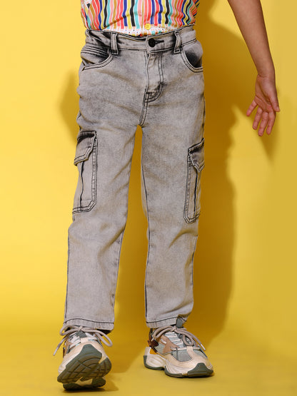 Boys Grey Denim Balloon Fit Washed Cargo Pants