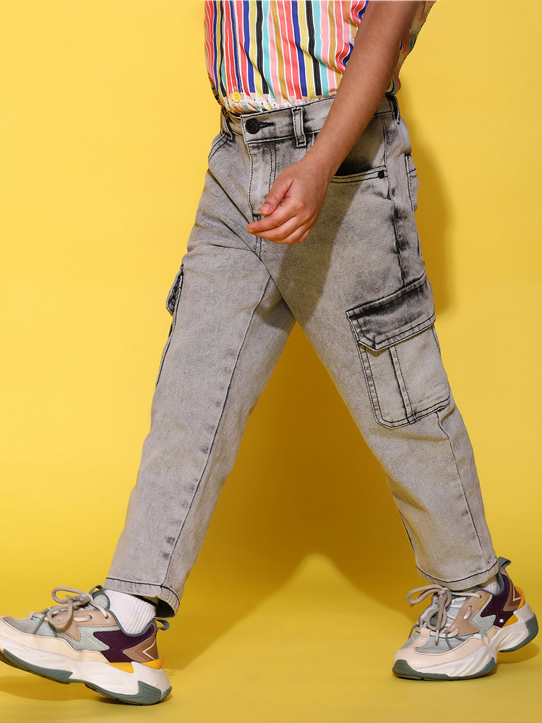 Boys Grey Denim Balloon Fit Washed Cargo Pants