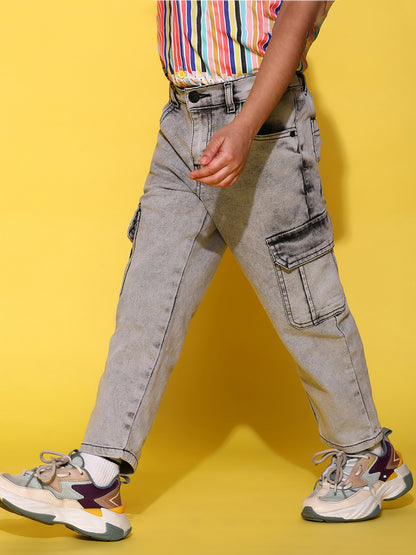 Boys Grey Denim Balloon Fit Washed Cargo Pants