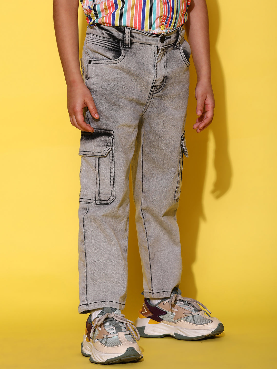 Boys Grey Denim Balloon Fit Washed Cargo Pants