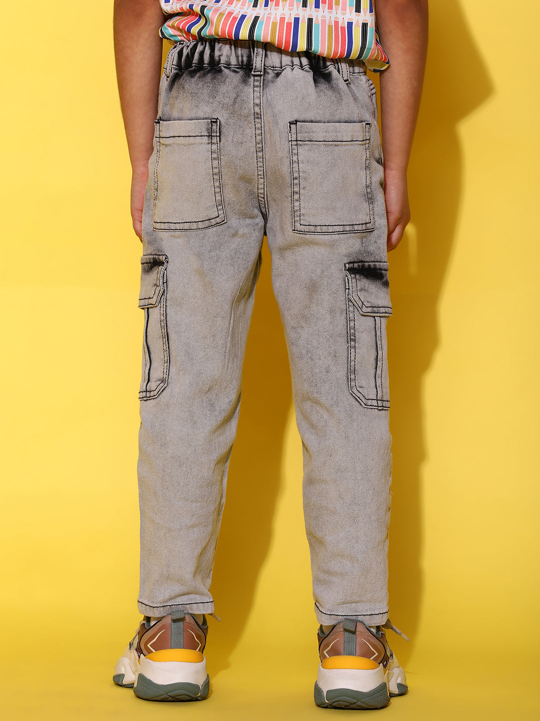 Boys Grey Denim Balloon Fit Washed Cargo Pants
