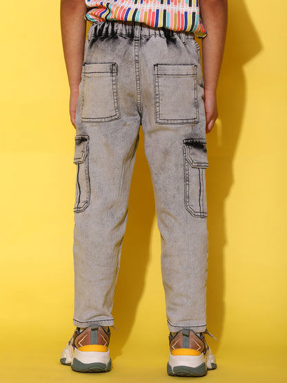 Boys Grey Denim Balloon Fit Washed Cargo Pants