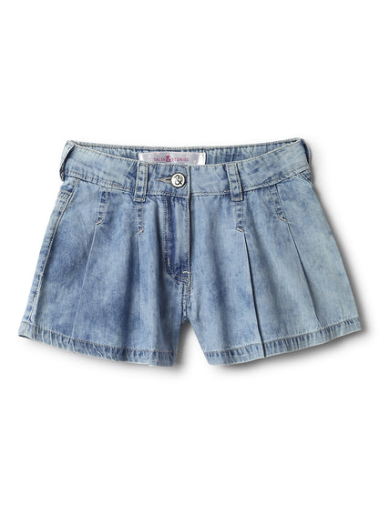 Girls Light Blue Cotton Washed Shorts