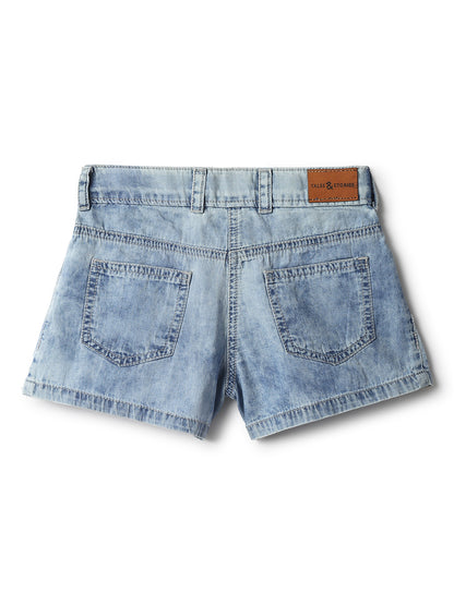 Girls Light Blue Cotton Washed Shorts