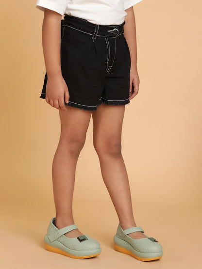 Girls Black Washed Cotton A-Line Above Knee Shorts