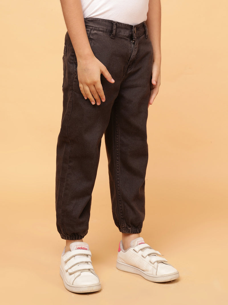 Boys Brown Washed Cotton Baggy Joggers