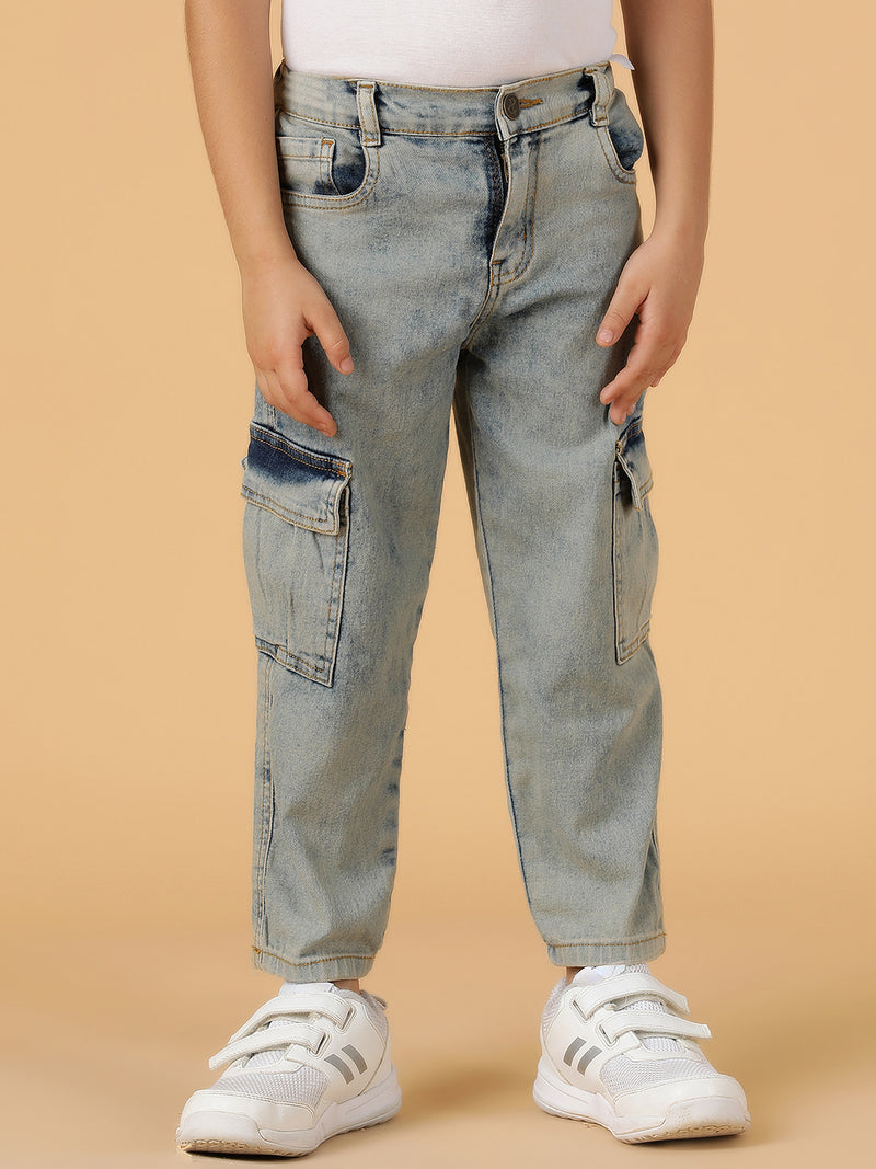 Boys Khakhi Tint Washed Lycra Slim Fit Cargo