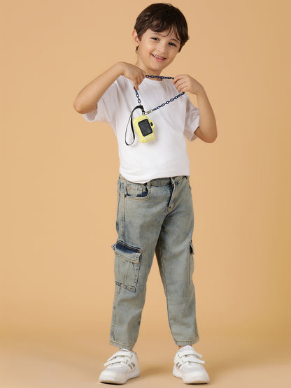 Boys Khakhi Tint Washed Lycra Slim Fit Cargo