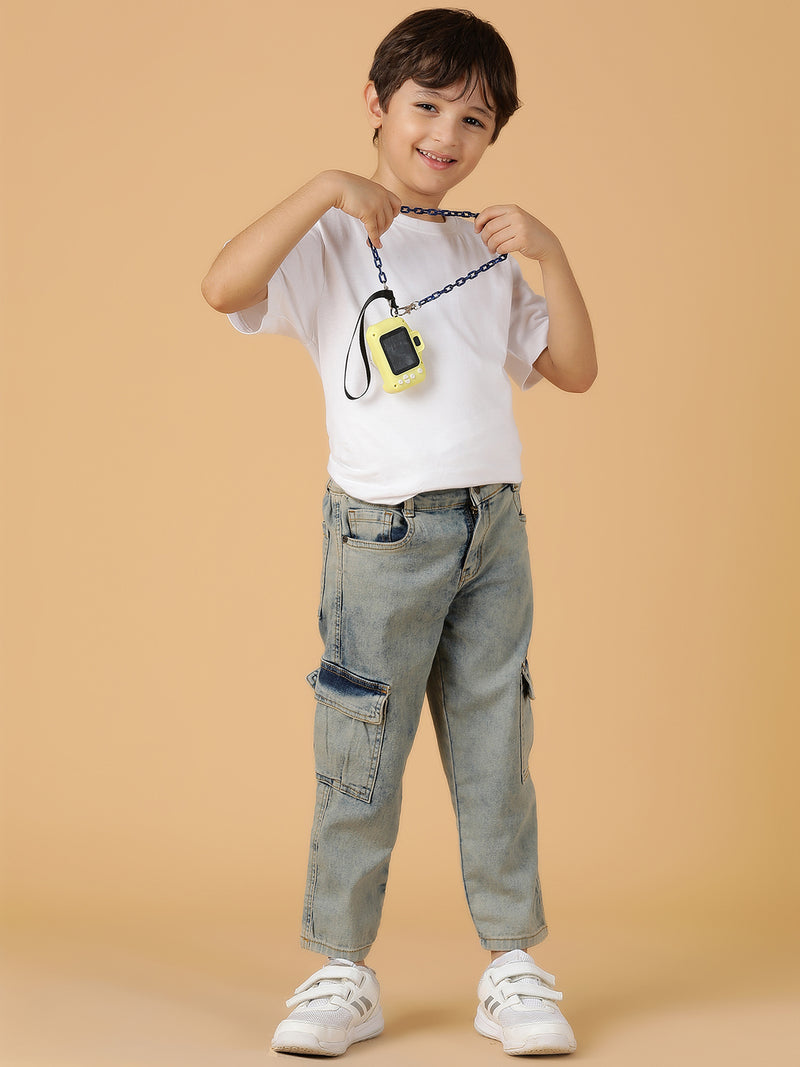 Boys Khakhi Tint Washed Lycra Slim Fit Cargo