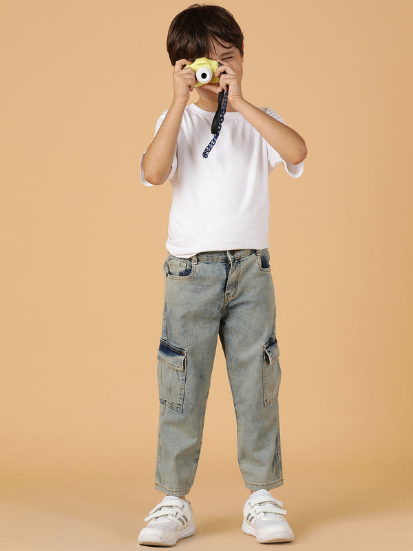 Boys Khakhi Tint Washed Lycra Slim Fit Cargo