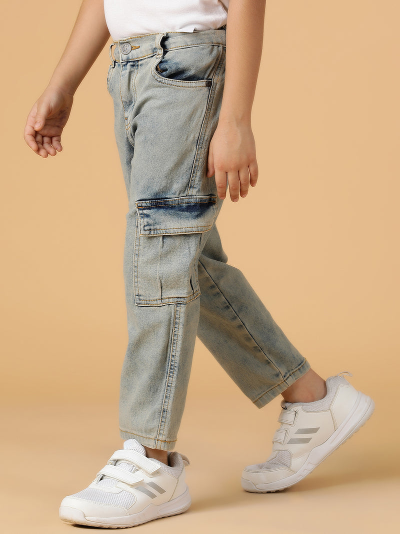 Boys Khakhi Tint Washed Lycra Slim Fit Cargo