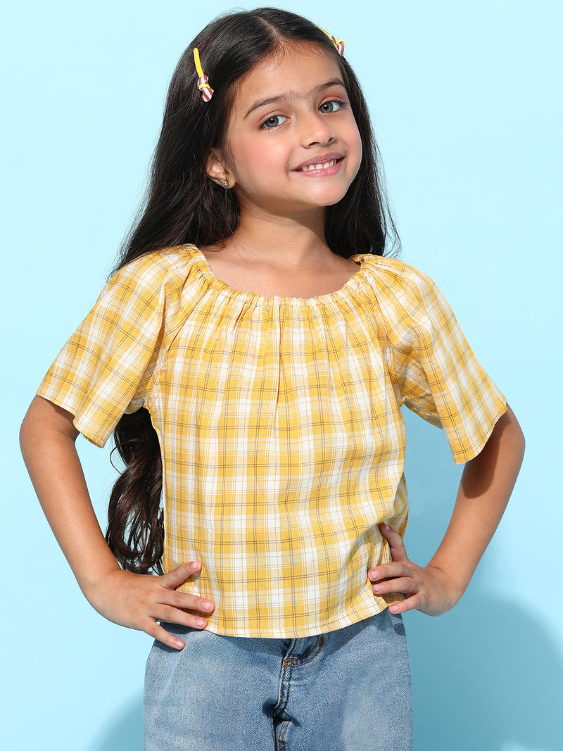 Girls Yellow Cotton Checked Regular Fit Top